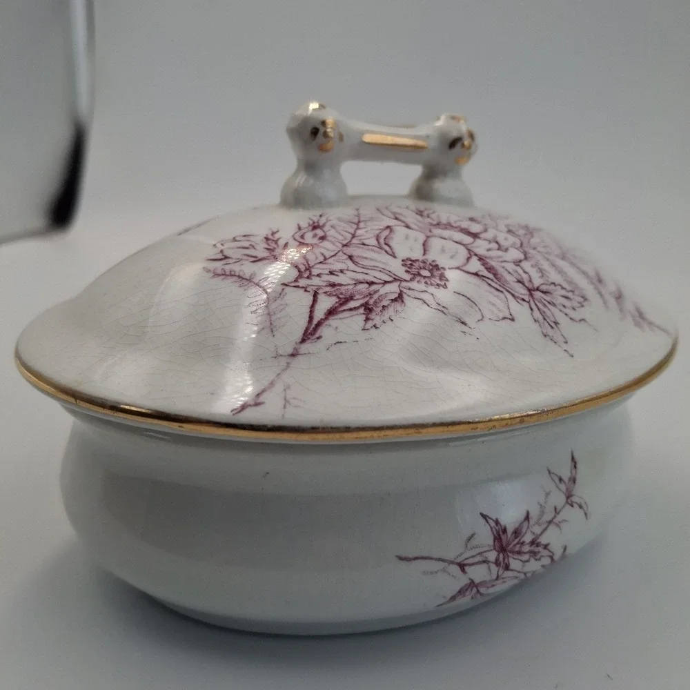 Antique J & E Mayer Stone China Mulberry Transferware Lidded‎ Soap Dish / Vanity